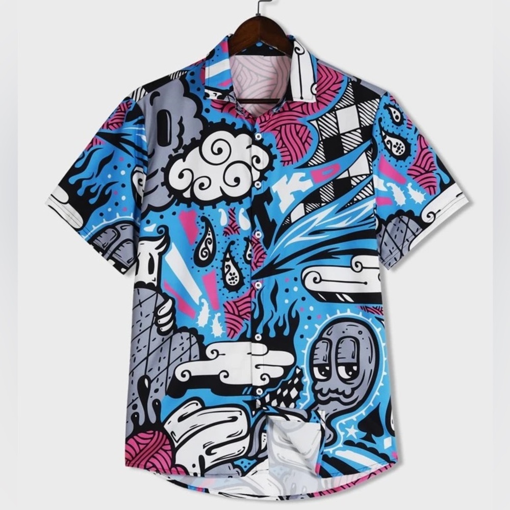 ROMWE Street Life Guys Cartoon Graphic Button Down Shirt